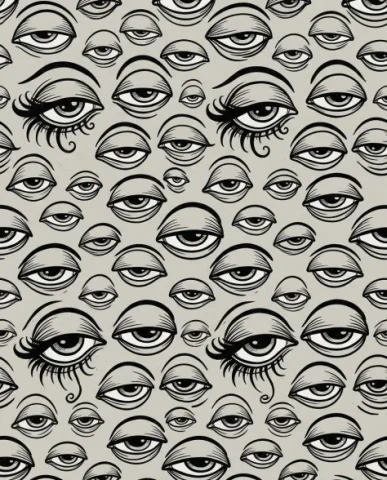 Dense Hand-Drawn Eye Pattern in Bold Black and White 3 — Nano Banana AI Prompt: The eyes are rendered in bold black and white on a light warm grey background. A...
