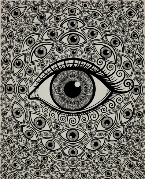 Dense Hand-Drawn Eye Pattern in Bold Black and White 4