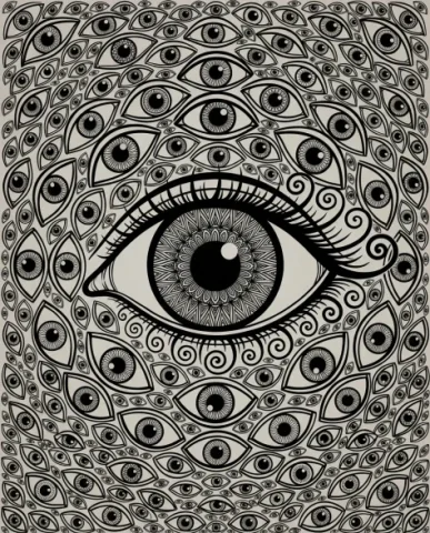 Dense Hand-Drawn Eye Pattern in Bold Black and White 4 — Nano Banana AI Prompt: The upper eyelids are drawn as thick curved lines hanging low over the irises, o...