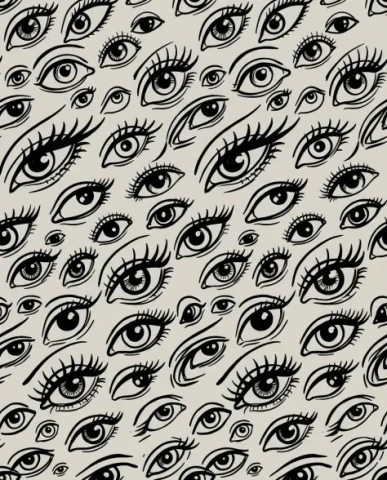 Dense Hand-Drawn Eye Pattern in Bold Black and White 5 — Nano Banana AI Prompt: The concentric-like arrangement creates a mandala effect — the all-seeing centra...