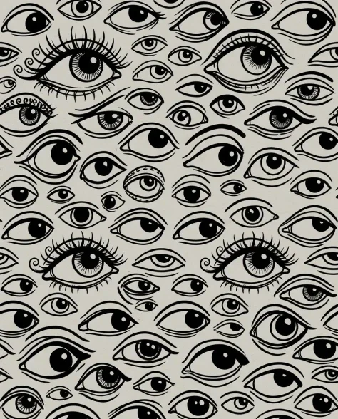 Dense Hand-Drawn Eye Pattern in Bold Black and White 6