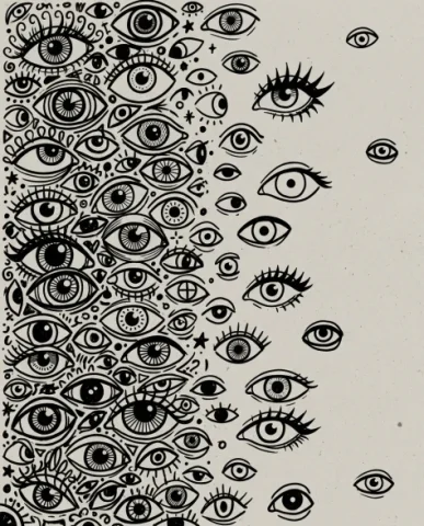 Dense Hand-Drawn Eye Pattern in Bold Black and White 7 — Nano Banana AI Prompt: The irises and pupils of all eyes are shifted to the upper-right corners of thei...