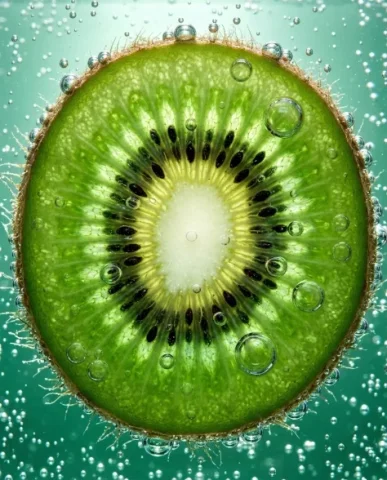 Ultra-Realistic Macro Shot of Fruit in Sparkling Water 2 — Nano Banana AI Prompt: Slices of fresh kiwi fruit submerged in crystal clear sparkling water, the vibra...