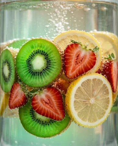 Ultra-Realistic Macro Shot of Fruit in Sparkling Water 4 — Nano Banana AI Prompt: An extreme macro photograph of a single kiwi slice submerged in sparkling water,...