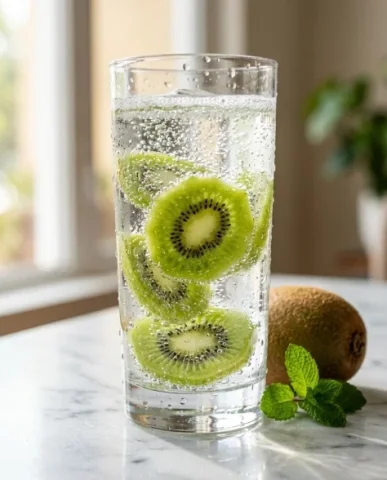 Ultra-Realistic Macro Shot of Fruit in Sparkling Water 7 — Nano Banana AI Prompt: An extreme macro photograph of a single stream of carbonation bubbles rising fro...