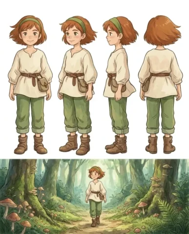 Character Turnaround Sheet in Whimsical Animation Style 1 — Nano Banana AI Prompt: Japanese studio animation. The turnaround displays the character from four angle...
