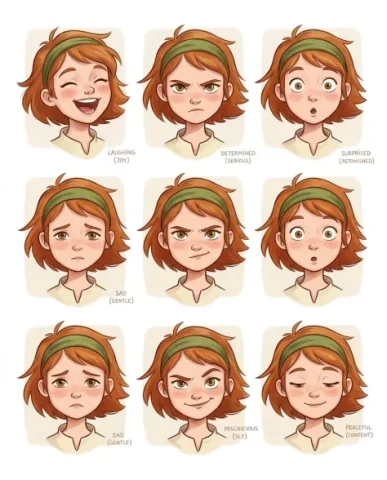 Character Turnaround Sheet in Whimsical Animation Style 3 — Nano Banana AI Prompt: Each expression is a head and shoulders crop with consistent proportions. Top ro...