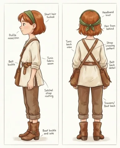 Character Turnaround Sheet in Whimsical Animation Style 4 — Nano Banana AI Prompt: The side profile and back view of the young adventurer girl character in whimsic...