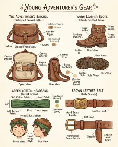 Character Turnaround Sheet in Whimsical Animation Style 6 — Nano Banana AI Prompt: The satchel is drawn from three angles — closed front view showing the wooden to...