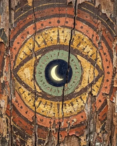 Abstract Mystical Eye with Crescent Moon on Aged Surface 1 — Nano Banana AI Prompt: The eye itself is rendered in a graphic symbolic style rather than anatomical re...