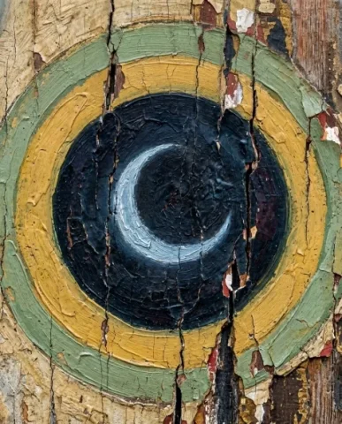 Abstract Mystical Eye with Crescent Moon on Aged Surface 2 — Nano Banana AI Prompt: The eye is rendered in a graphic symbolic style rather than anatomical realism,...