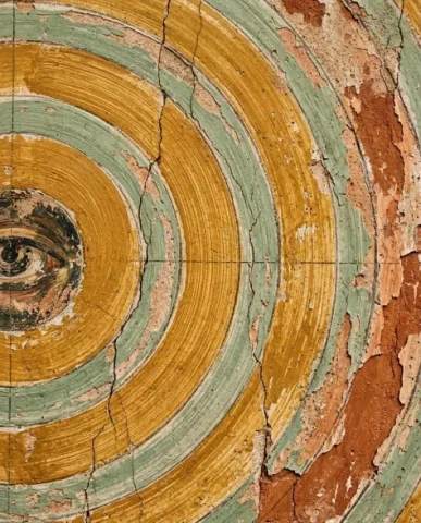 Abstract Mystical Eye with Crescent Moon on Aged Surface 3 — Nano Banana AI Prompt: An extreme macro photograph centered on the dark pupil of the stylized mystical...