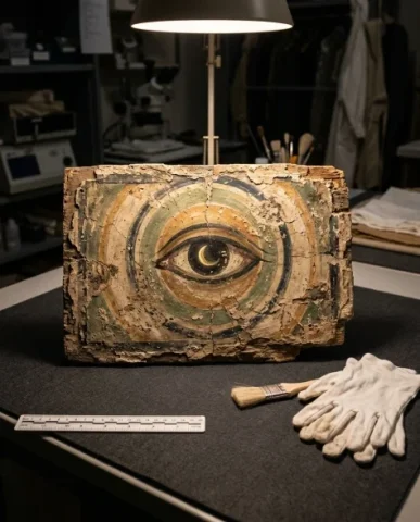 Abstract Mystical Eye with Crescent Moon on Aged Surface 6 — Nano Banana AI Prompt: The remaining intact paint surface shows its age through crazing — a network of...