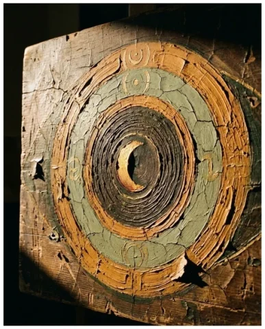 Abstract Mystical Eye with Crescent Moon on Aged Surface 7 — Nano Banana AI Prompt: The painted area occupies the left portion of the frame — the outermost concentr...