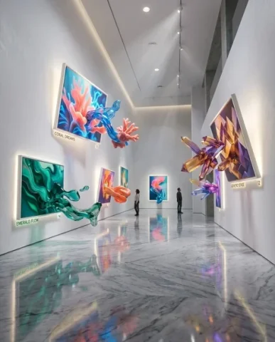 Surreal Modern Art Gallery with Paintings Becoming Reality 1 — Nano Banana AI Prompt: The subjects within each painting — abstract organic forms in vibrant coral and...