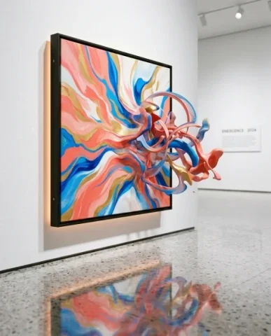 Surreal Modern Art Gallery with Paintings Becoming Reality 2 — Nano Banana AI Prompt: The canvas shows a vibrant abstract composition in coral pink and electric blue...