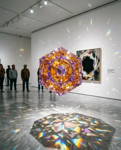 Surreal Modern Art Gallery with Paintings Becoming Reality 4 — Nano Banana AI Prompt: The crystalline structure is a complex amber and violet polyhedron approximately...