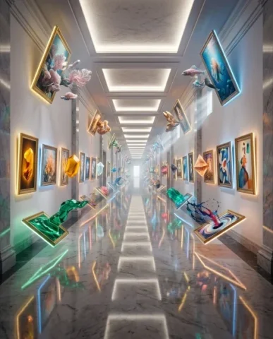 Surreal Modern Art Gallery with Paintings Becoming Reality 5 — Nano Banana AI Prompt: The one-point perspective creates strong vanishing lines — the polished marble f...