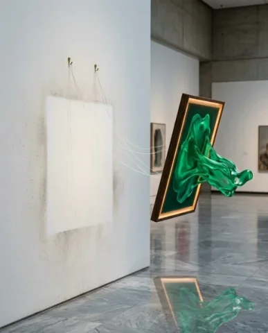 Surreal Modern Art Gallery with Paintings Becoming Reality 6 — Nano Banana AI Prompt: Volumetric light beams cut through the atmospheric haze at diagonal angles, catc...