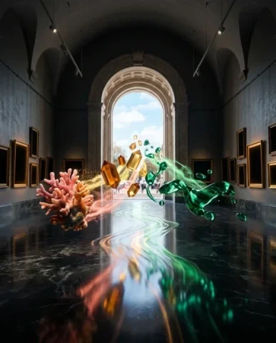 Surreal Modern Art Gallery with Paintings Becoming Reality 7 — Nano Banana AI Prompt: The wall shows a faintly cleaner rectangle where the painting once hung — the su...