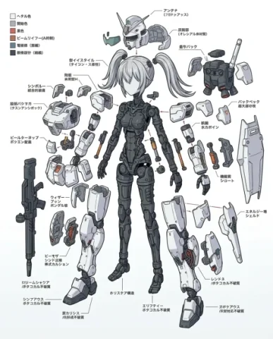 Full Armor Mecha Girl Collectible Model Kit Concept 3 — Nano Banana AI Prompt: An exploded-view concept render of the mecha girl model kit showing individual a...