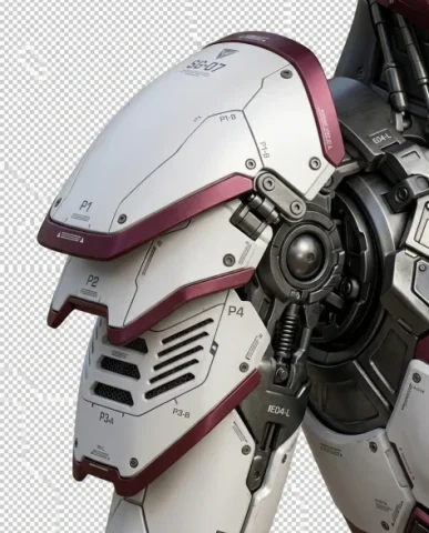 Full Armor Mecha Girl Collectible Model Kit Concept 4 — Nano Banana AI Prompt: An extreme close-up concept render of the mecha girl model kit's left shoulder p...