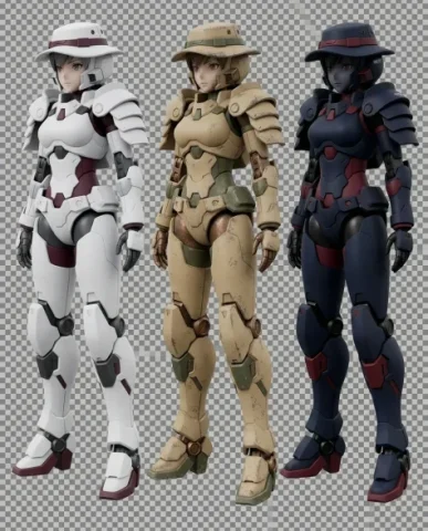 Full Armor Mecha Girl Collectible Model Kit Concept 6 — Nano Banana AI Prompt: Left figure: the standard pearl white with deep burgundy and gunmetal grey schem...