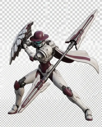 Full Armor Mecha Girl Collectible Model Kit Concept 7 — Nano Banana AI Prompt: The figure is in a wide aggressive stance — left foot forward, right foot braced...