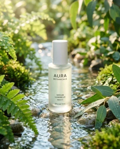 Eco-Friendly Skincare Bottle in Serene Natural Setting 1 — Nano Banana AI Prompt: The bottle is placed in a serene natural setting surrounded by clear flowing wat...