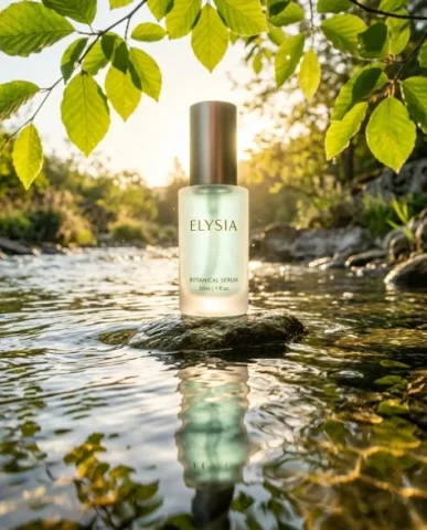 Eco-Friendly Skincare Bottle in Serene Natural Setting 5 — Nano Banana AI Prompt: The bottle sits on a smooth river stone at the edge of a shallow stream. Surroun...