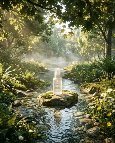 Eco-Friendly Skincare Bottle in Serene Natural Setting 7 — Nano Banana AI Prompt: Extreme macro close-up of the frosted glass surface of a minimalist skincare bot...