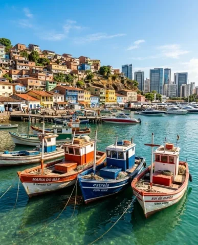 Realistic Coastal Port Scene with Colorful Fishing Boats 1 — Nano Banana AI Prompt: Several traditional wooden fishing boats in vivid colors — vermilion red, crisp...