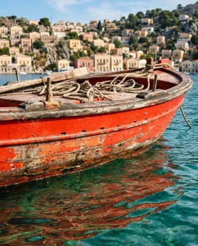 Realistic Coastal Port Scene with Colorful Fishing Boats 2 — Nano Banana AI Prompt: The boat fills the frame from a low angle just above the waterline. The painted...