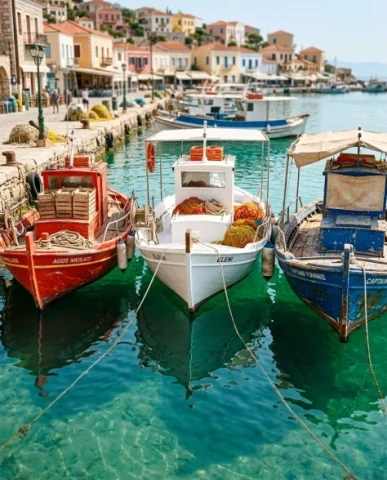 Realistic Coastal Port Scene with Colorful Fishing Boats 6 — Nano Banana AI Prompt: The three boats are similar in size and construction style but each shows its ow...