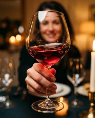 Cinematic Close-Up of a Woman Toasting with Wine 2 — Nano Banana AI Prompt: The glass stem shows her fingerprints where she grips it — natural oils creating...