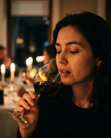 Cinematic Close-Up of a Woman Toasting with Wine 5 — Nano Banana AI Prompt: Her eyes are gently closed in the anticipatory moment just before the wine reach...