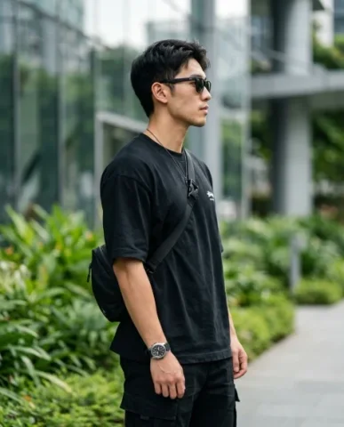 Ultra-Realistic Streetwear Portrait in Urban Setting 3 — Nano Banana AI Prompt: An ultra-realistic side-profile portrait of a young man in a modern urban enviro...