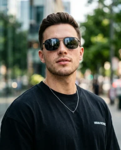 Ultra-Realistic Streetwear Portrait in Urban Setting 5 — Nano Banana AI Prompt: Lush green plants and glass architecture are visible in the blurred background....