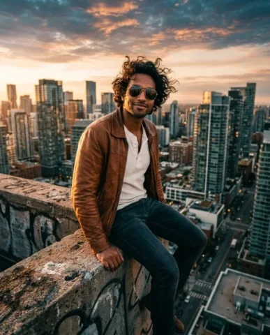Cinematic Rooftop Portrait at Golden Hour 1 — Nano Banana AI Prompt: An award-winning cinematic portrait of a charismatic man with rich brown skin an...