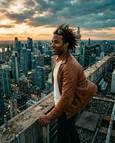 Cinematic Rooftop Portrait at Golden Hour 2 — Nano Banana AI Prompt: An award-winning cinematic portrait of a charismatic man perched confidently on...