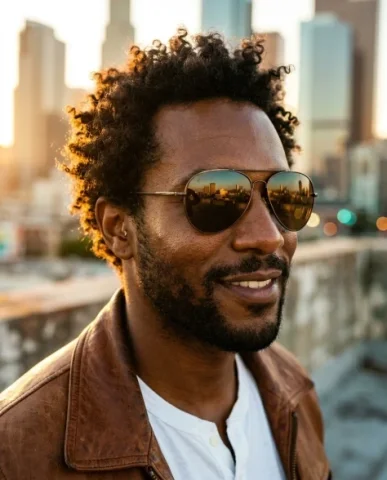 Cinematic Rooftop Portrait at Golden Hour 3 — Nano Banana AI Prompt: An award-winning cinematic close-up portrait of a charismatic man with rich brow...