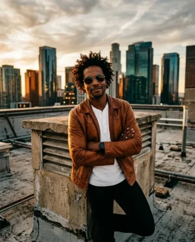Cinematic Rooftop Portrait at Golden Hour 4 — Nano Banana AI Prompt: An award-winning cinematic portrait of a charismatic man with rich brown skin an...