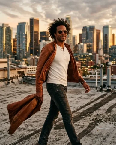 Cinematic Rooftop Portrait at Golden Hour 5 — Nano Banana AI Prompt: An award-winning cinematic portrait of a charismatic man with rich brown skin an...