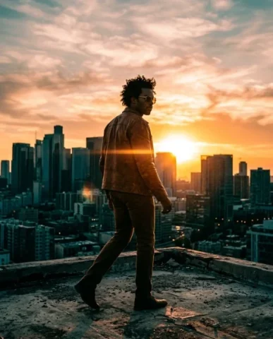 Cinematic Rooftop Portrait at Golden Hour 7 — Nano Banana AI Prompt: Silhouette of a man walking toward the setting sun on a rooftop edge, cognac jac...