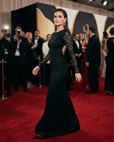 High Fashion Red Carpet Editorial Portrait 1 — Nano Banana AI Prompt: Color grading follows an editorial cinematic style with warm neutral tones and d...