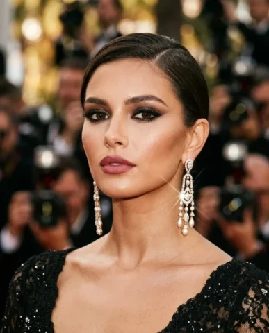 High Fashion Red Carpet Editorial Portrait 4 — Nano Banana AI Prompt: The event backdrop with abstract geometric shapes is visible behind her. Profess...