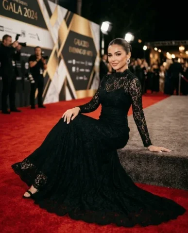 High Fashion Red Carpet Editorial Portrait 5 — Nano Banana AI Prompt: Statement earrings glint at her ears as she moves. The event backdrop with abstr...