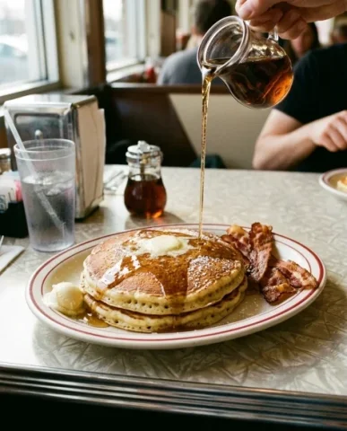 Retro Diner Lifestyle Portrait with Pancakes 2 — Nano Banana AI Prompt: The glass is a classic American diner tumbler — thick clear glass with slight ta...