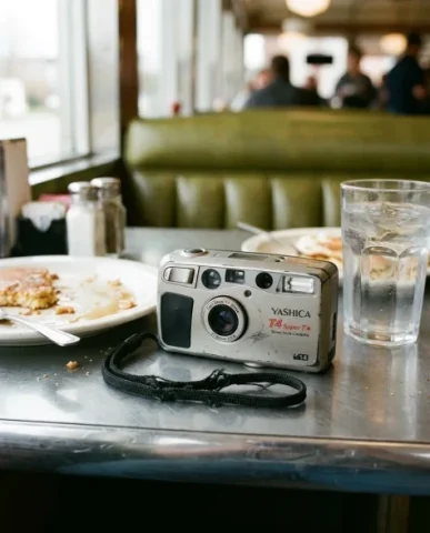Retro Diner Lifestyle Portrait with Pancakes 4 — Nano Banana AI Prompt: The scene is slightly blurred through the window glass with a dreamy quality — t...