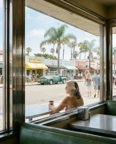 Retro Diner Lifestyle Portrait with Pancakes 5 — Nano Banana AI Prompt: Her expression is genuine enjoyment — eyes looking down at the approaching fork,...